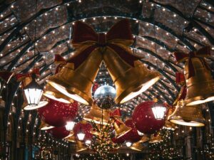 Festive Holiday Decorations in a Lit Arcade